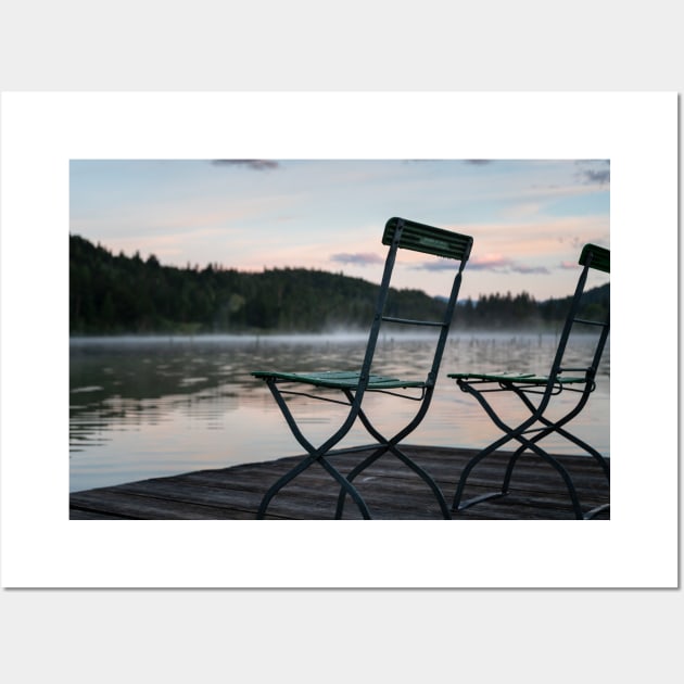 Two Chairs on pier. Amazing shot of the Ferchensee lake in Bavaria, Germany. Scenic foggy morning scenery at sunrise. Wall Art by EviRadauscher